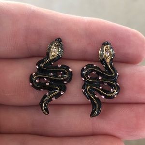 Betsey Johnson Black Enamel + Pink Rhinestone Snake Stud Earrings